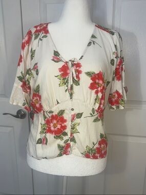 LC Lauren Conrad Cream Blouse with Red Floral Print